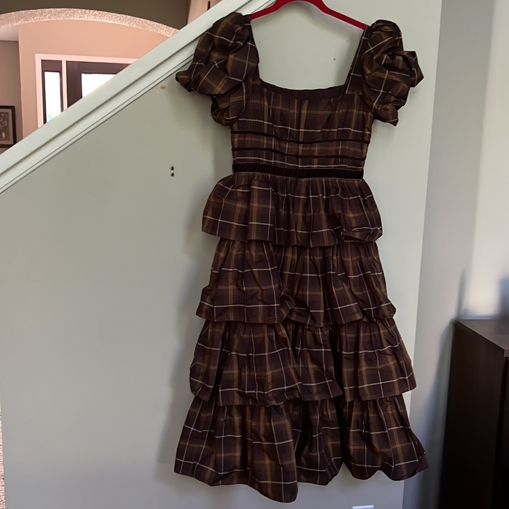 Antonio Melani Maisie Plaid Print Square Neck Puff Sleeve Ruffle Midi Dress - Picture 5 of 13